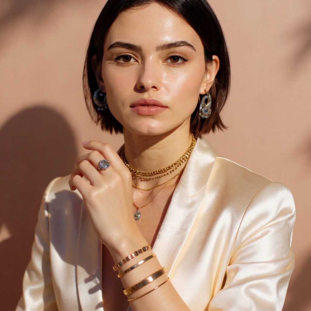Young woman’s wrist styled with stacked bracelets, including bangles, cuffs, and charm designs.
