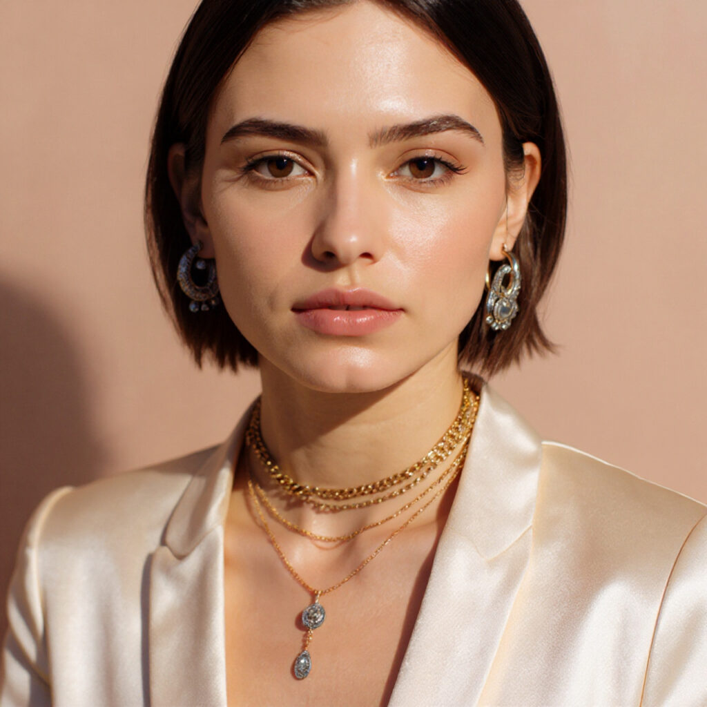 Indian woman styled with an oxidised silver statement necklace in a festive golden background.