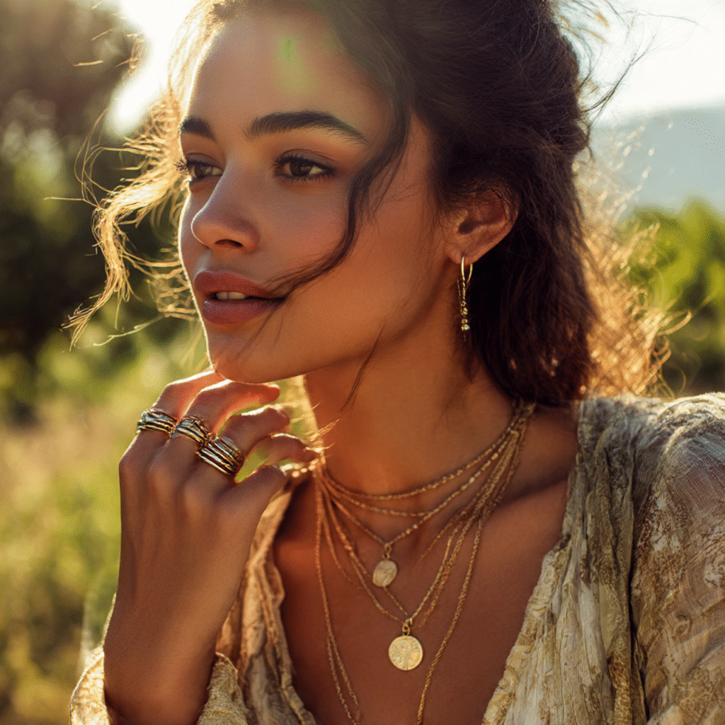 Carefree young woman outdoors wearing boho-chic layered necklaces and stacked rings.