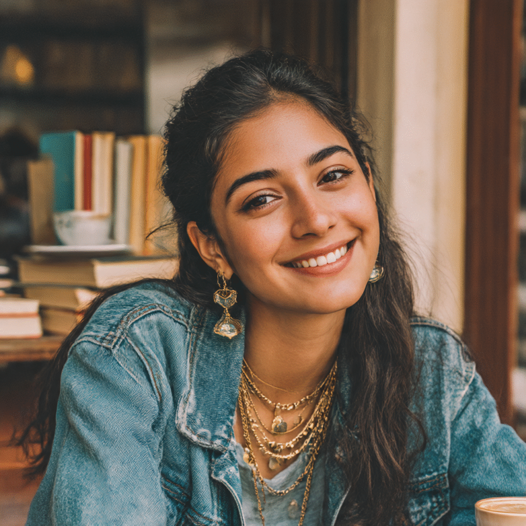 Trendy college girl wearing oxidised earrings and layered necklaces in a casual café setting