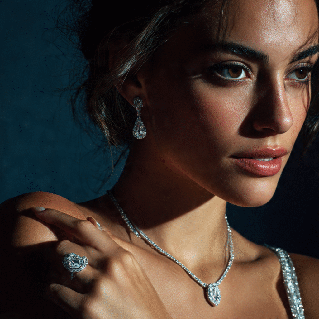 Glamorous model showcasing sparkling gemstone jewellery under studio lights