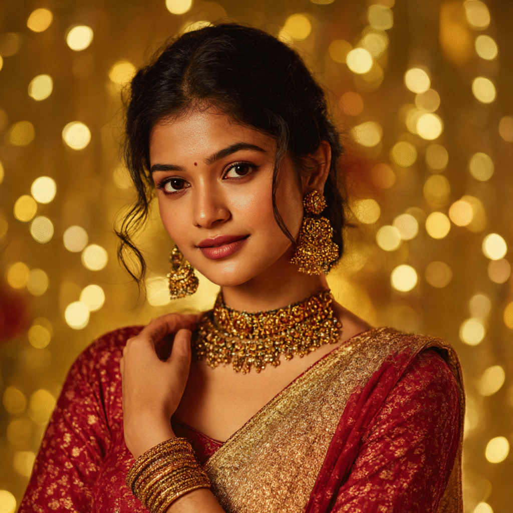 Young Indian woman wearing oxidised necklace, jhumkas, and bangles with a festive golden background.