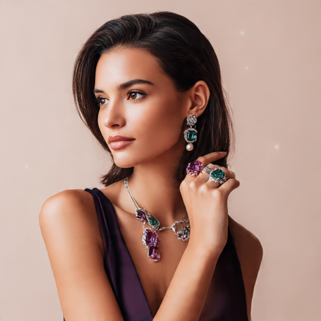 Young woman wearing jewellery featuring 7 stunning gemstones — diamond, sapphire, ruby, emerald, amethyst, topaz, and pearl.