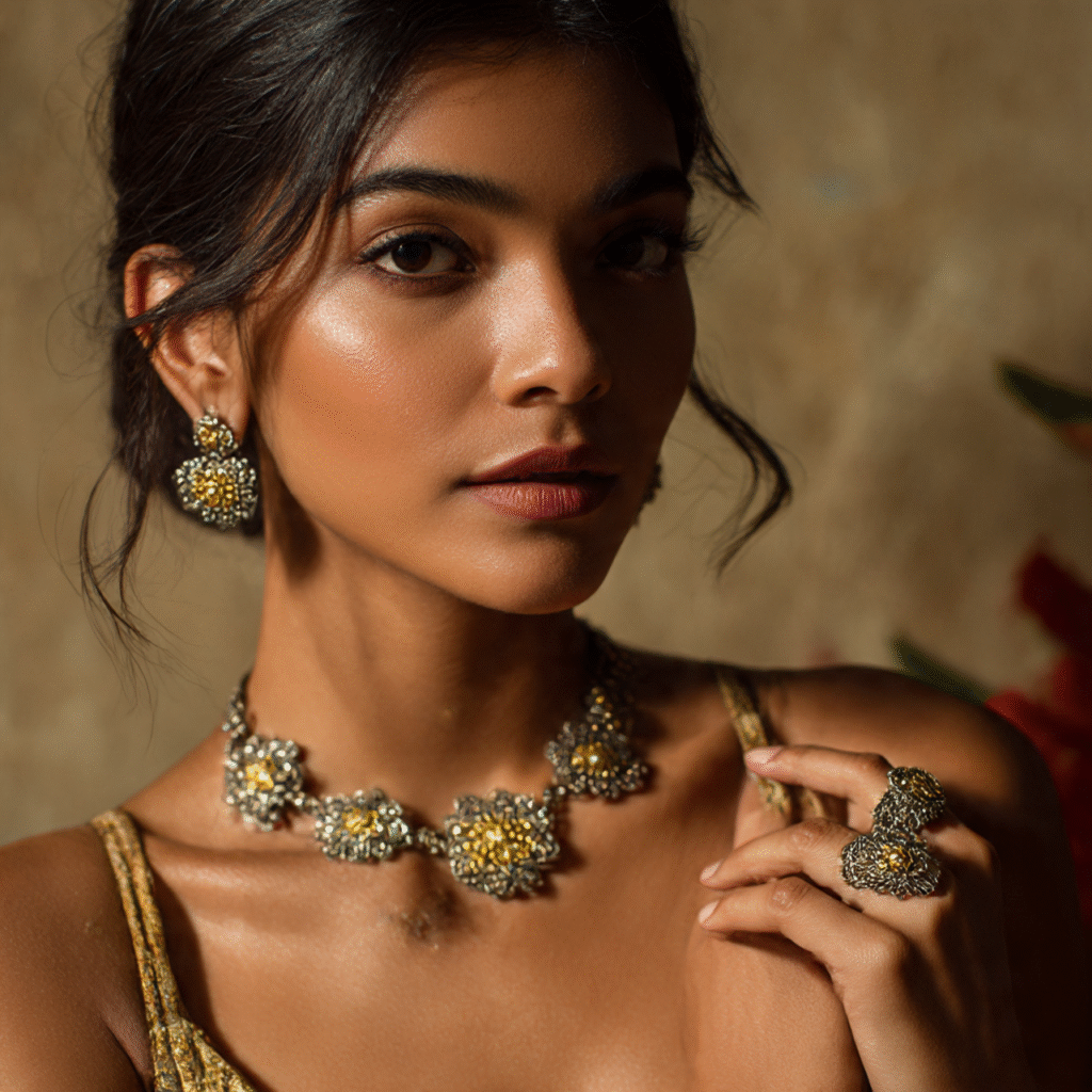 Young woman wearing mogra-inspired jewellery — floral necklace, earrings, and rings in oxidised silver and gold tones.