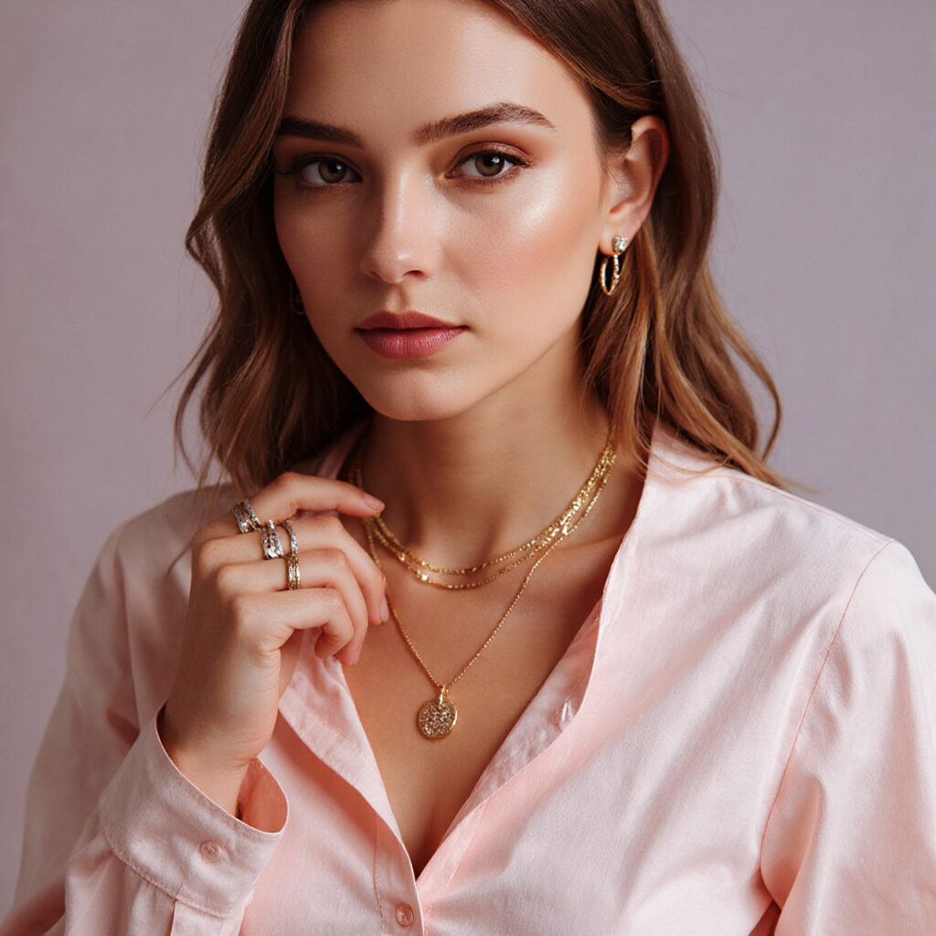 Young woman styled with layered delicate chains and a pendant necklace against a soft beige background.