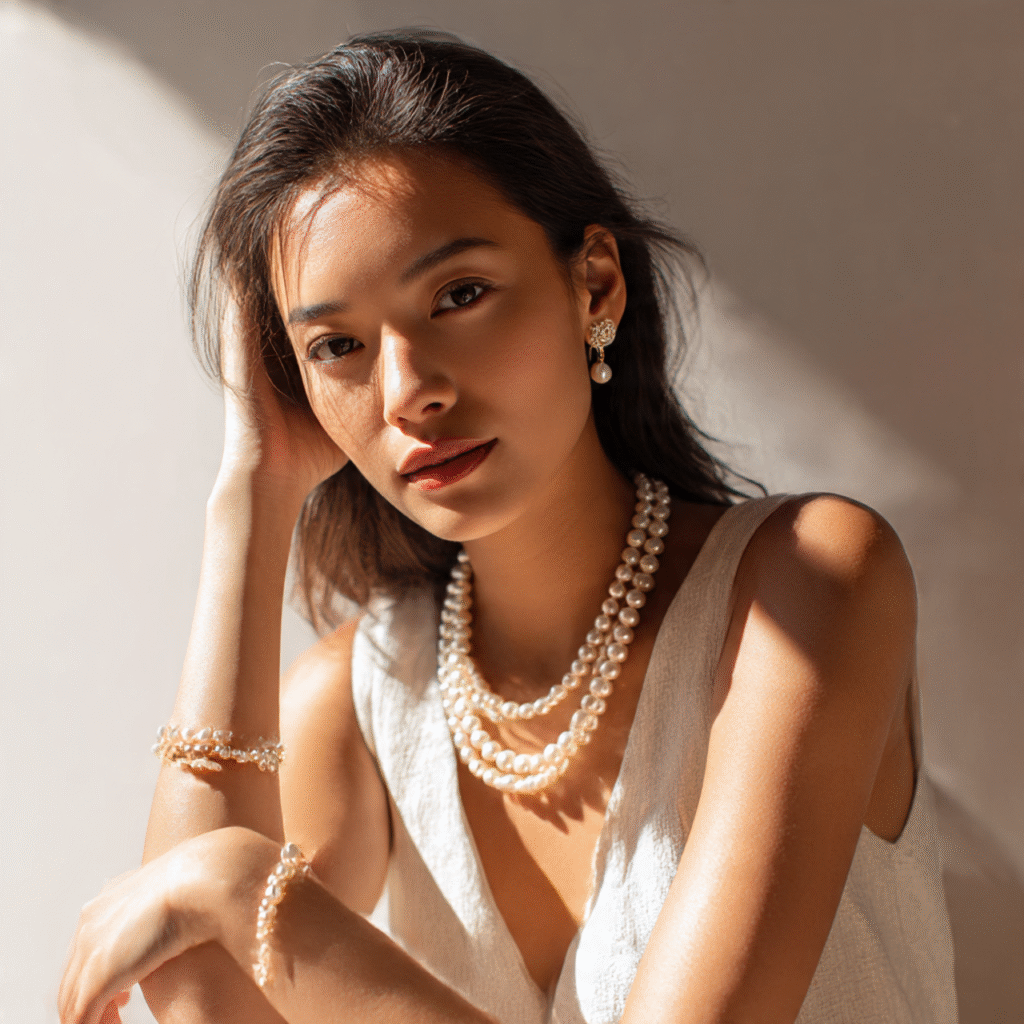 Young woman wearing layered pearl necklaces, pearl earrings, and pearl-accented bracelet.