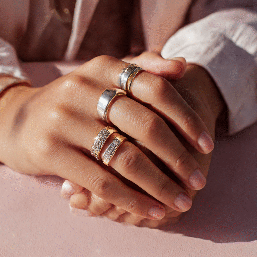 Stylish young woman’s hands wearing minimalist silver and gold rings with a statement design.