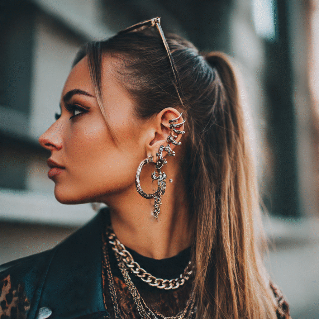 Trendy girls jewellery with ear cuffs and oversized statement earrings