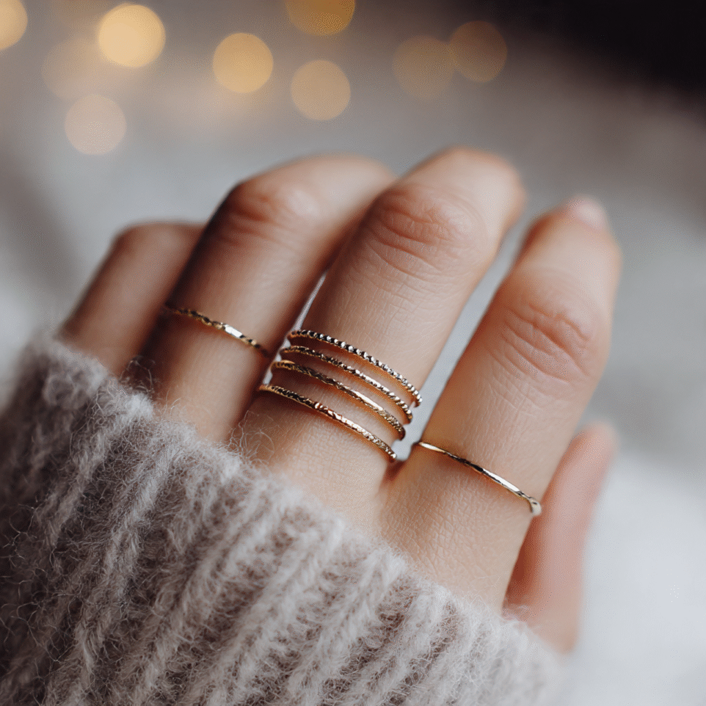 Trendy girls jewellery featuring stacked minimalist rings