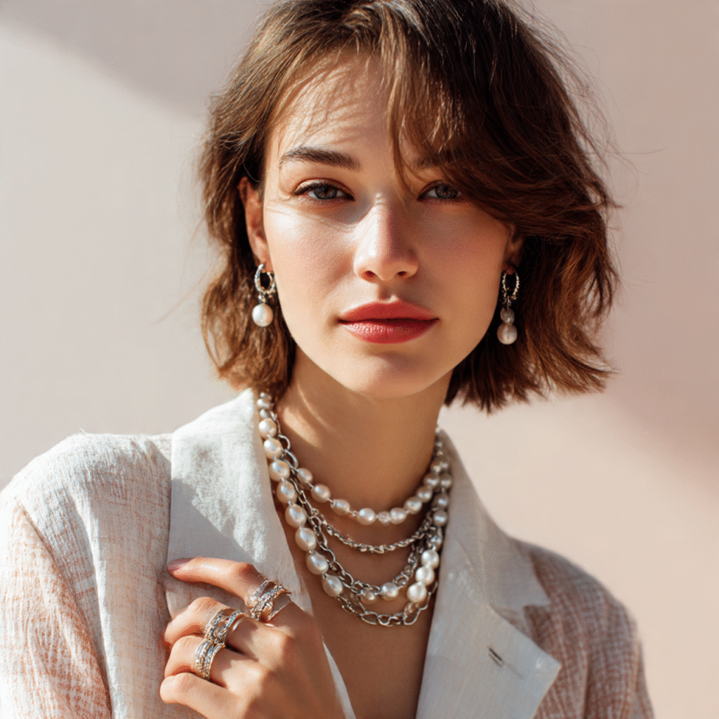 Trendy girls jewellery featuring statement necklace, pearl earrings, and minimalist rings