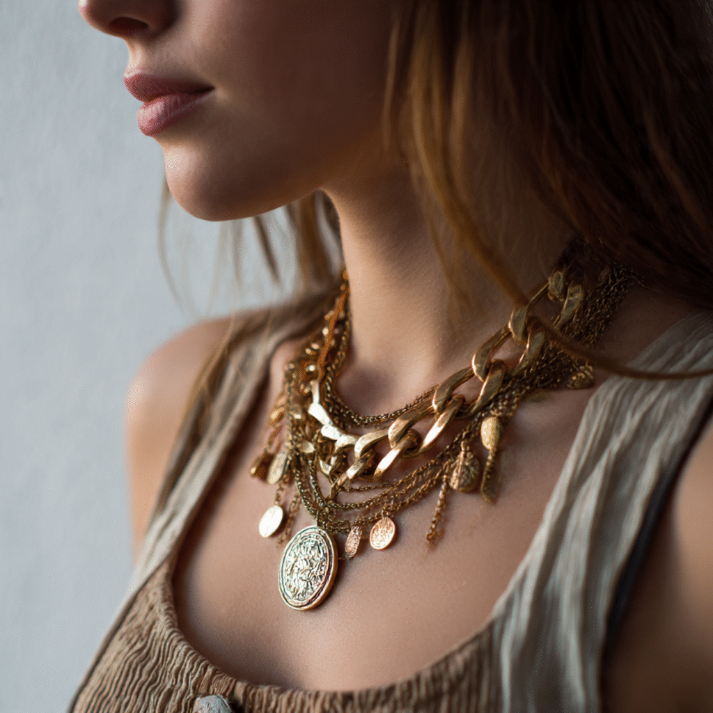 Trendy girls jewellery showcasing layered pearl necklace and earrings