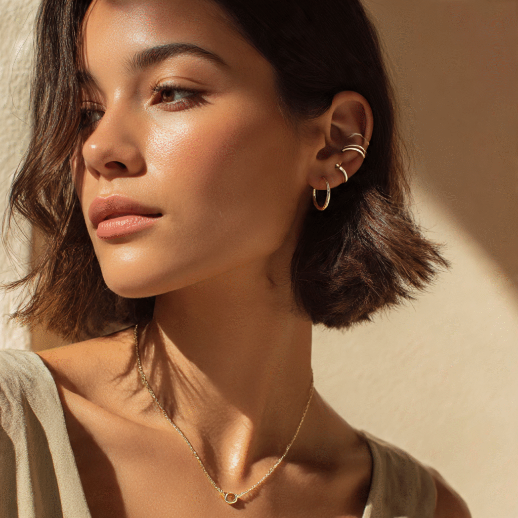 Glamorous model showcasing sparkling gemstone jewellery under studio lights.